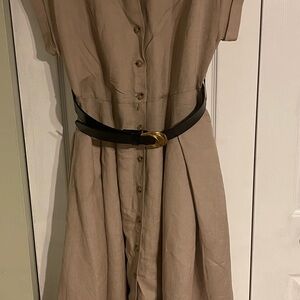Donna Karan Taupe Midi Dress with Black Belt